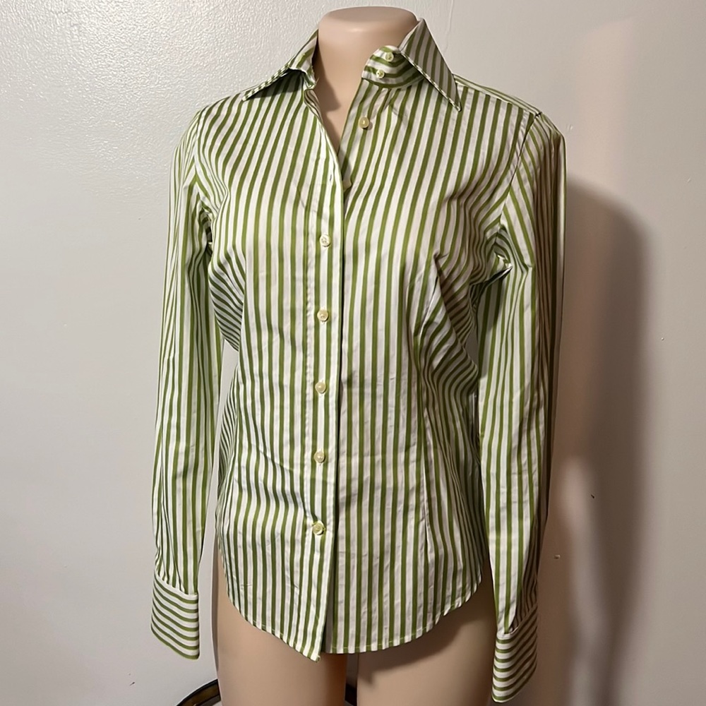 SACOOR BROTHERS Green White Stripes Button Down Shirt- Long Sleeve Small